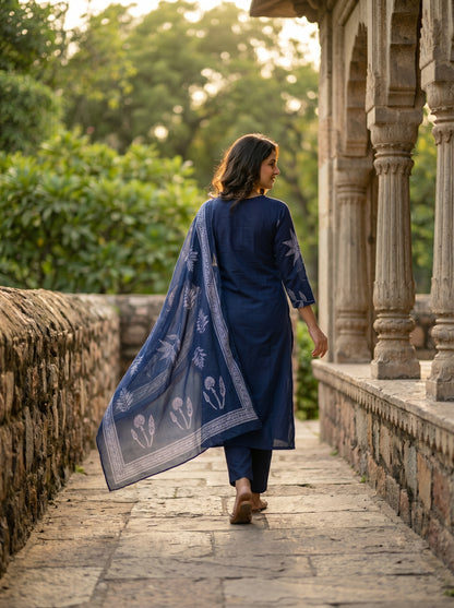 Amthi Women's Navy Blue & White Printed Pure Cotton Kurta with Trousers & Dupatta Set