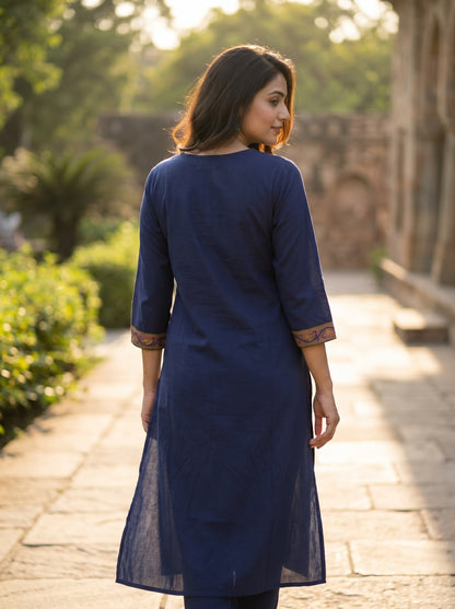 Amthi Navy Blue Cotton Straight Kurti for Women | Floral Printed Yoke | Tassel Tie Neck