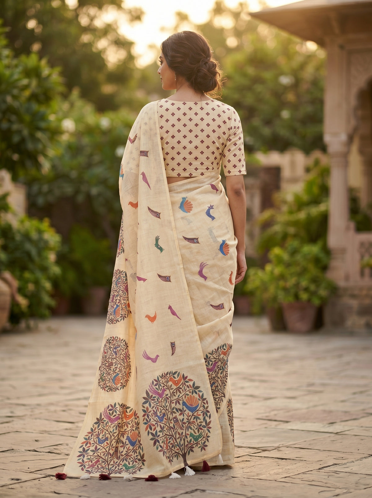 Amthi Cream Pure Linen Saree with Tree of Life & Colourful Bird Print | Tassel Pallu