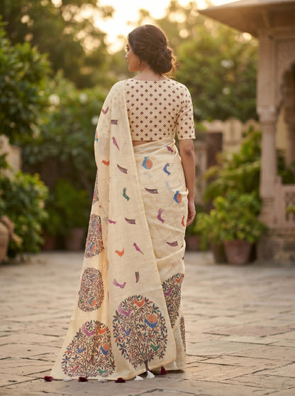 Amthi Cream Pure Linen Saree with Tree of Life & Colourful Bird Print | Tassel Pallu