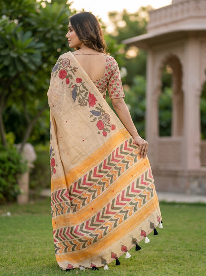 Amthi Beige Linen Saree with Digital Floral Print, Mirror Work & Tassel Pallu