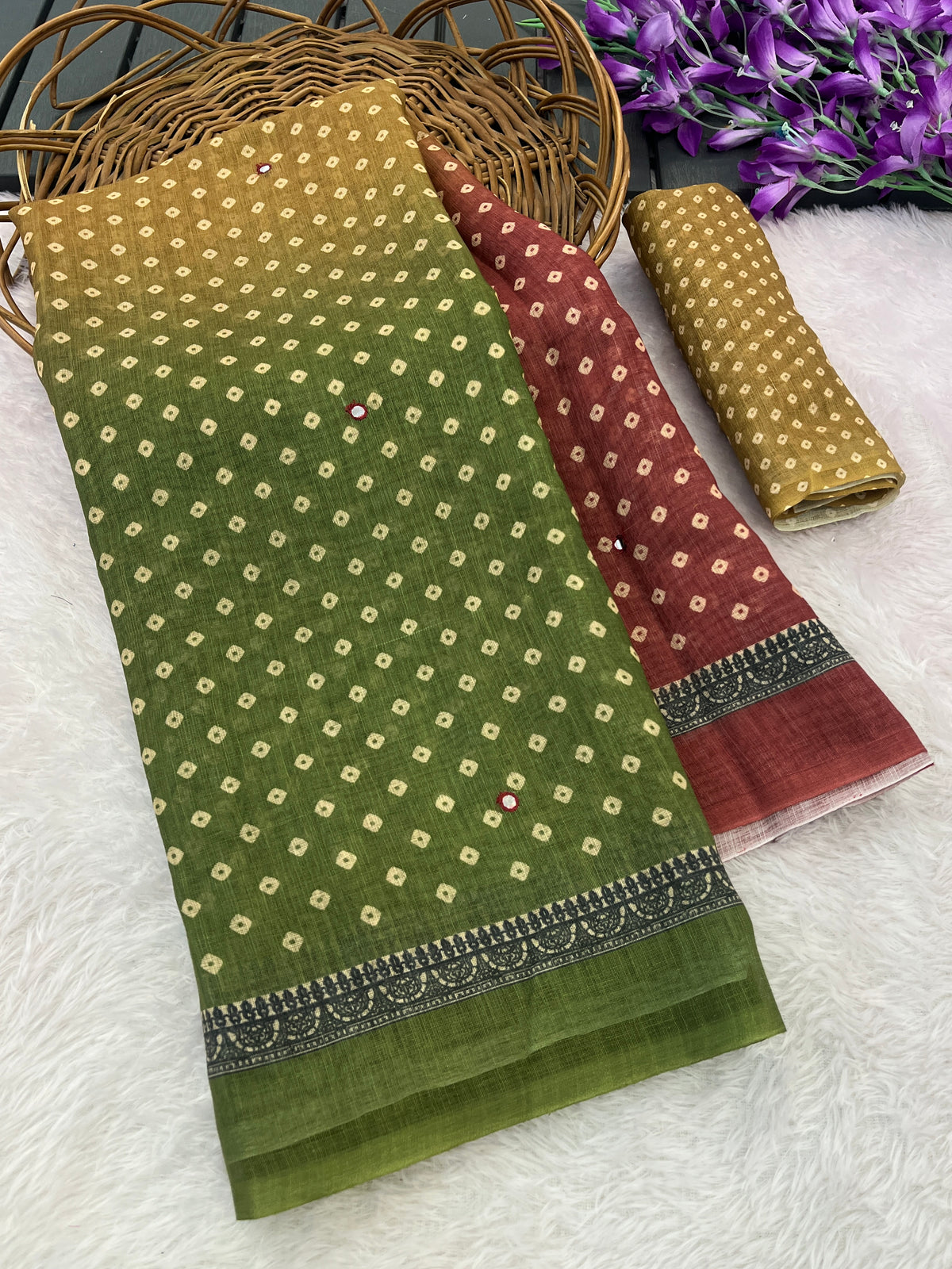 Amthi Multicolour Digital Bandhani Print Cotton Linen Saree for Women