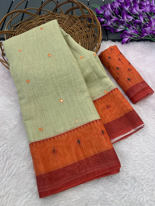 Amthi Linen Lotus Print Pista & Rust Mirror Tassels Pallu Saree