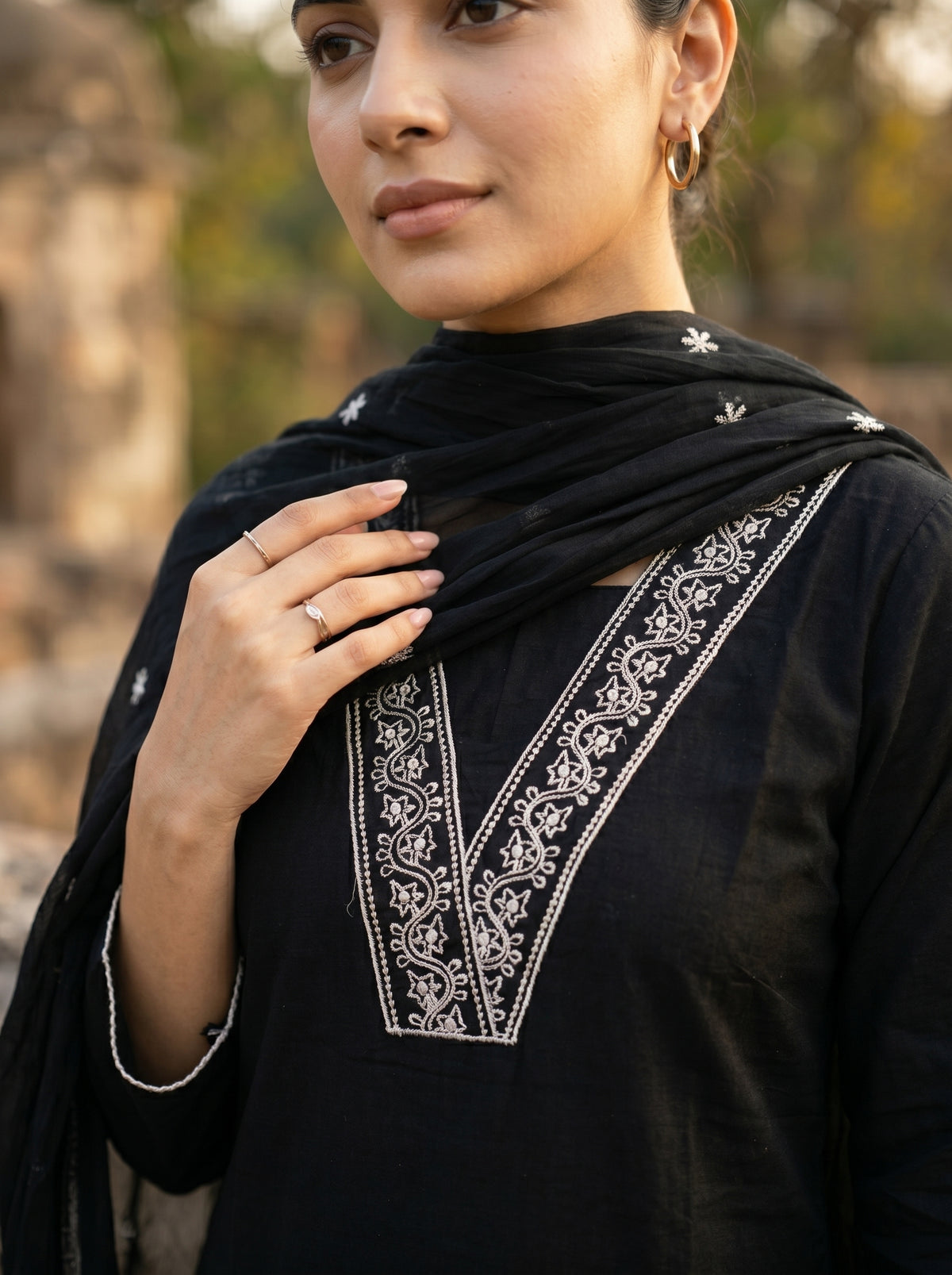Amthi Women's Black Pure Cotton Embroidered Straight Kurta with Trousers and Dupatta Set