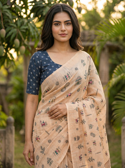 Amthi Peach Linen Saree with Warli Tribal Print, Mirror Work Border
