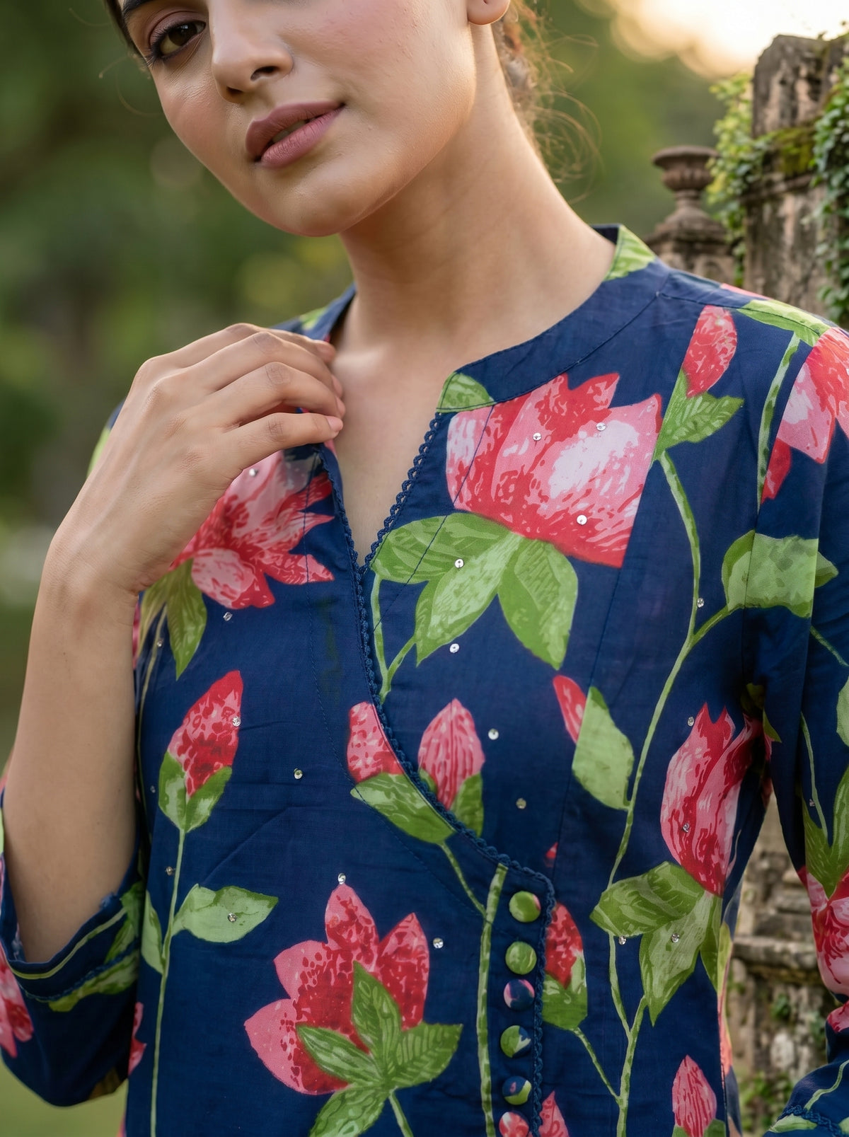 Amthi Navy Blue Lotus Floral Cotton Kurta Set for Women | Lace & Sequin Detail