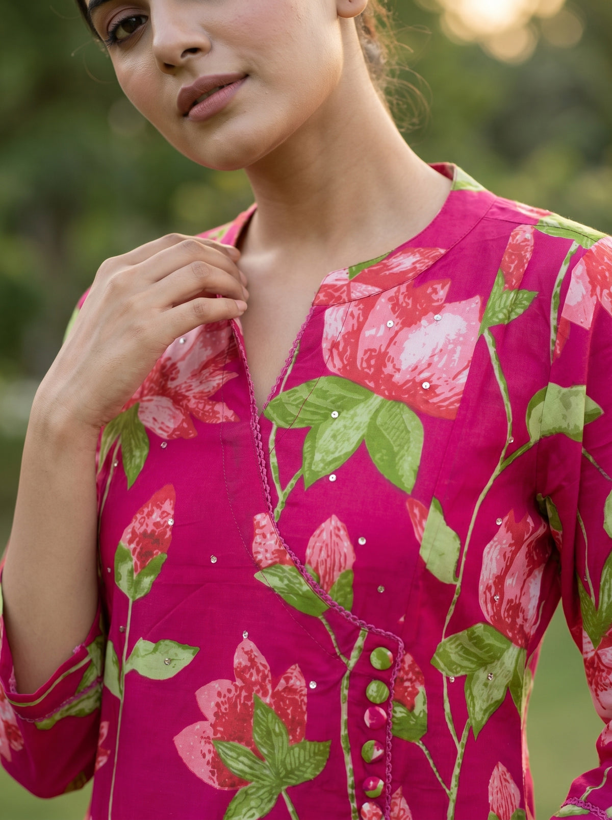 Amthi Pink Lotus Floral Print Pure Cotton Kurta Set | 2-Piece Women's Ethnic Wear