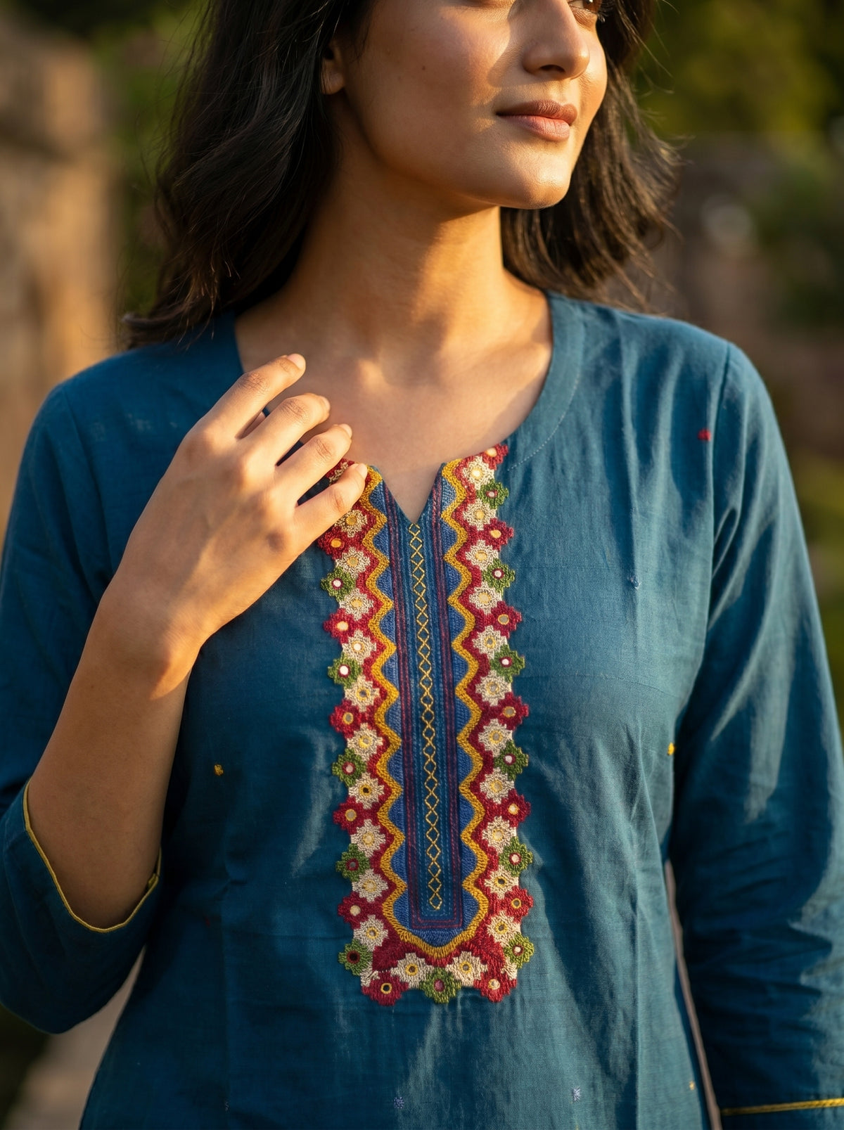 Amthi Teal Blue Pure Linen Embroidered Kurta Set for Women | Festive & Casual Wear