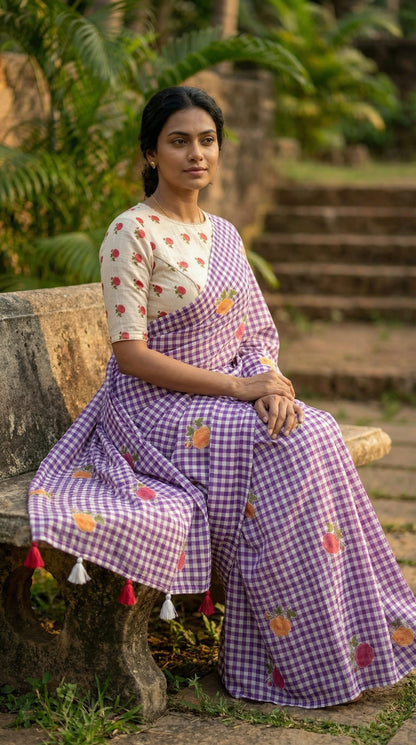 Amthi Purple Floral Checked Linen Saree with Contrast White Blouse