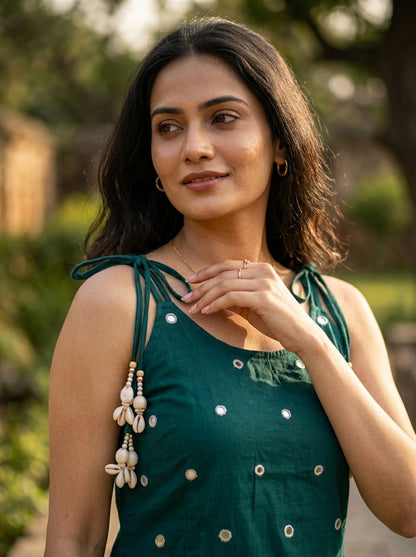 Amthi Bottle Green Linen Co-Ord Set for Women | Cowrie Shell Tassel Dori Kurta Set