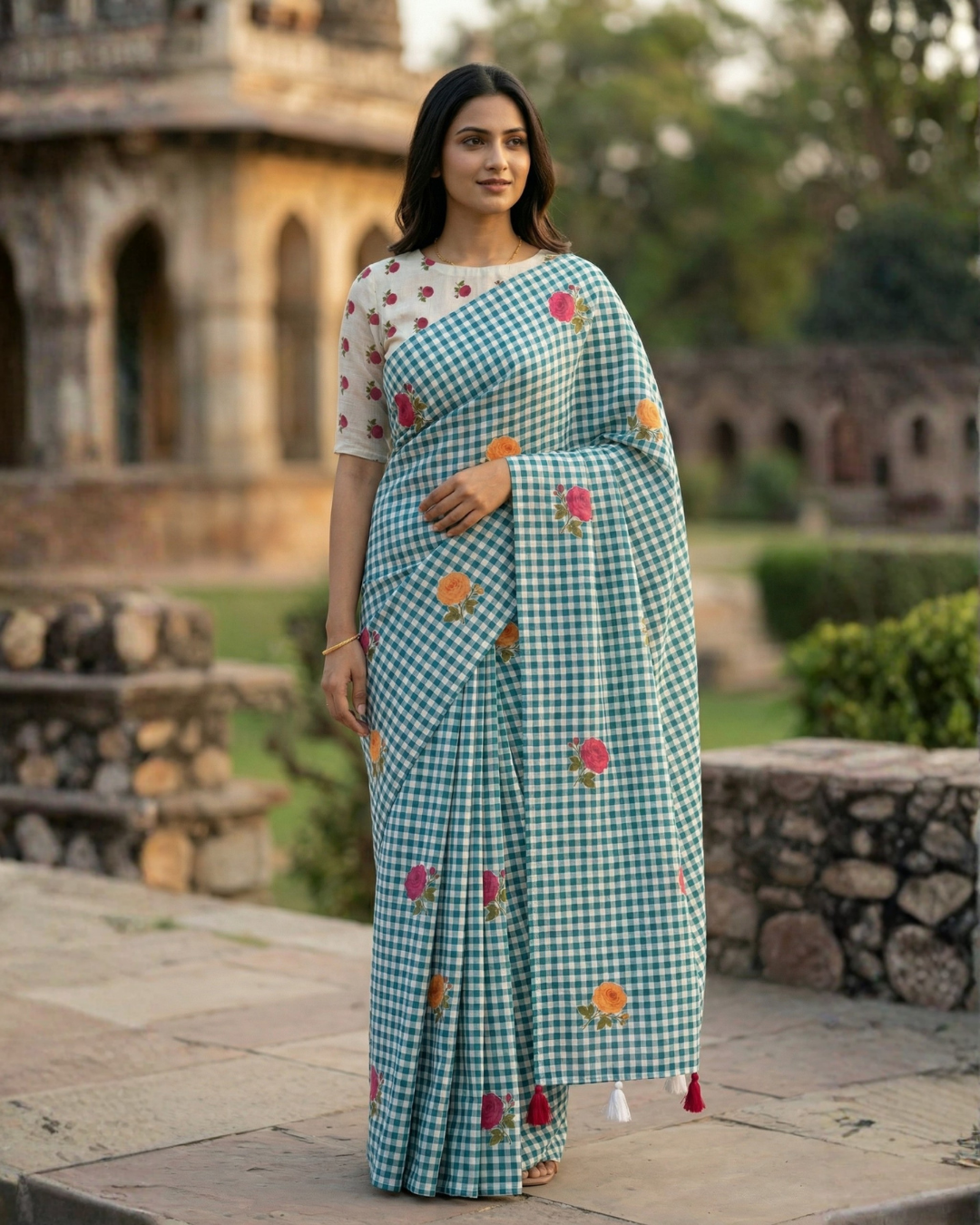 Amthi Women Floral Motif Digital Print Linen Saree with Tassels