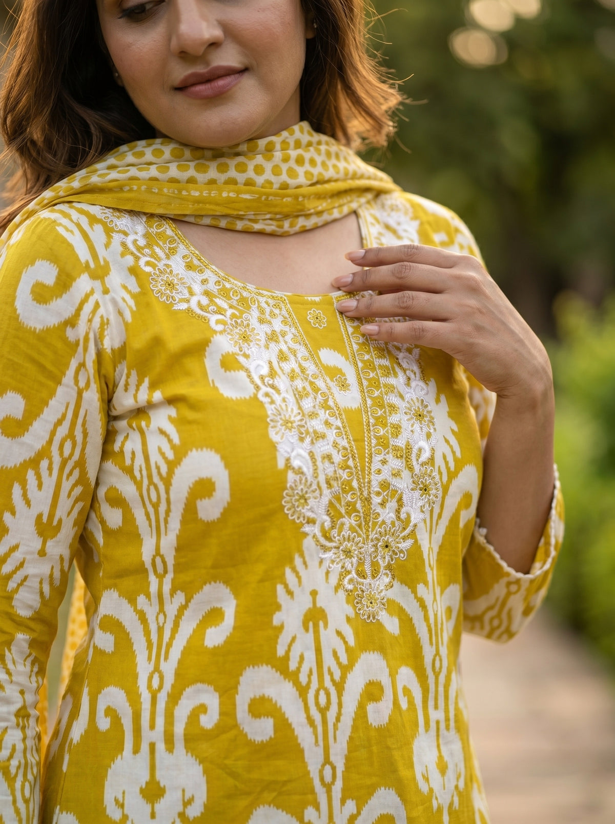 Amthi Yellow Ikat Print Cotton Suit Set for Women | 3 Piece Suit with Dupatta