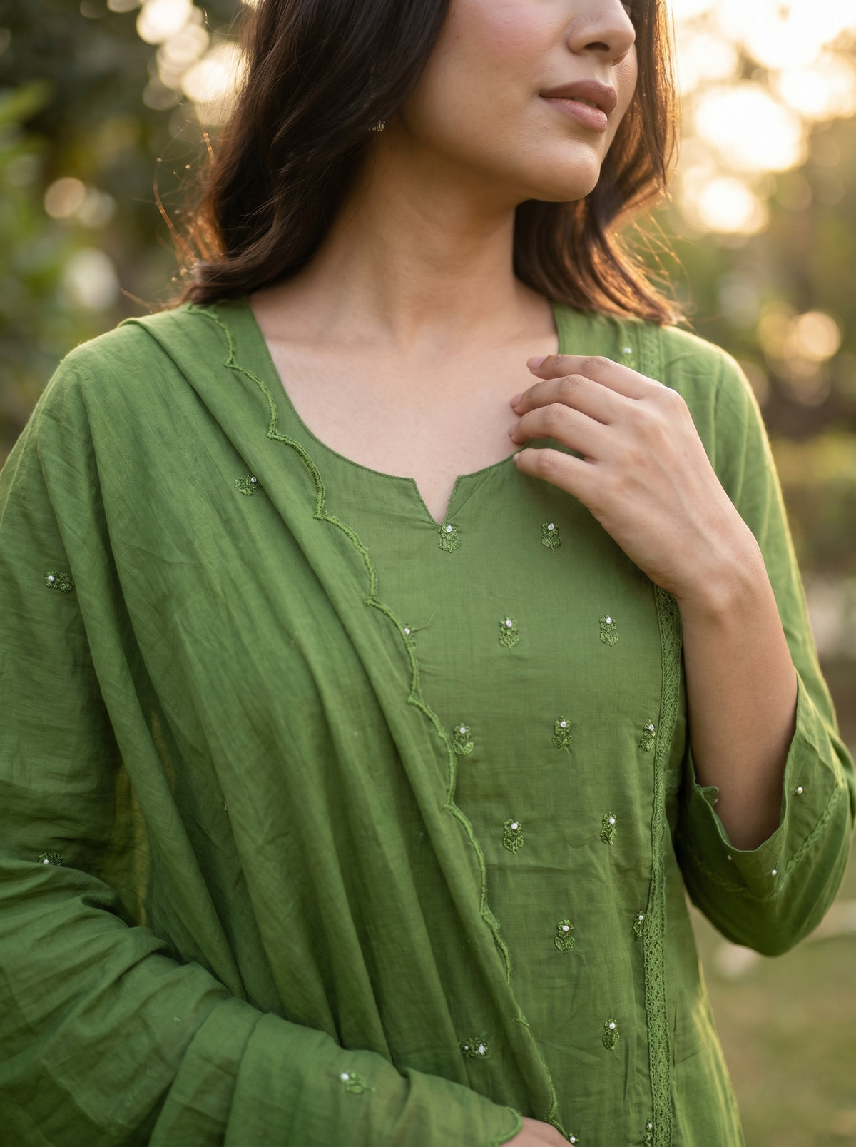Amthi Mehndi Green Pure Cotton Suit Set | Floral Butta Kurta with Lace Work