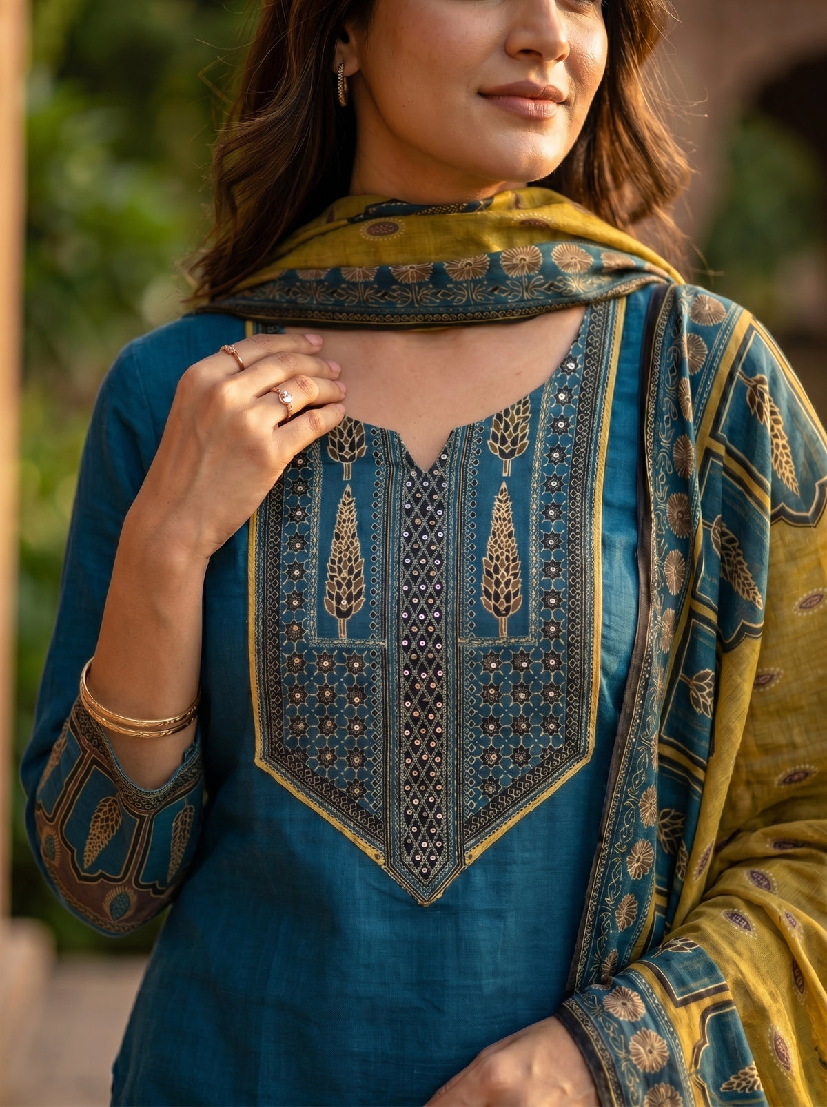 Amthi Teal Pure Linen Embroidered Suit Set | Sequin & Block Print Yoke
