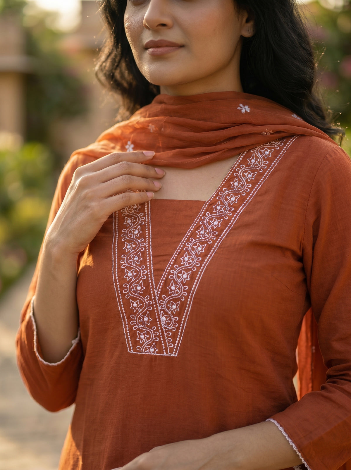 Amthi Women Rust Floral Embroidered Pure Cotton Kurta with Trousers & Dupatta