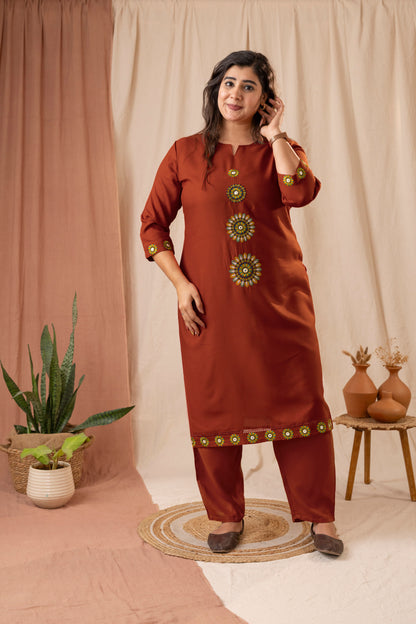 Amthi Women Rust Viscose Rayon Embroidered Straight Kurta Pant Set