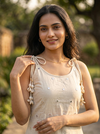 Amthi Off-White Linen Kurta Set for Women | Mirror Work & Cowrie Shell Dori Co-ord Set
