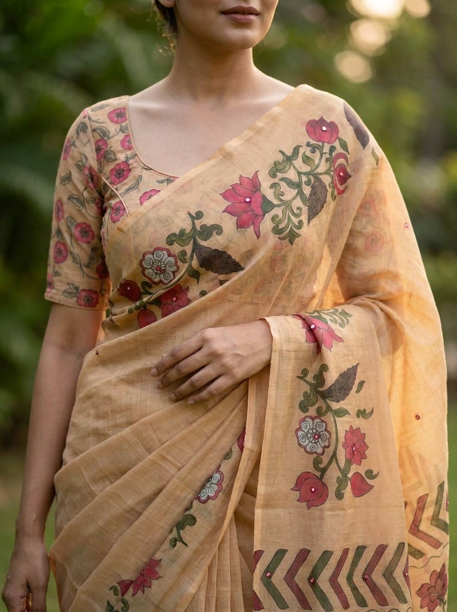 Amthi Linen Saree with Running Blouse Piece | Floral Digital Print| Tassel Pallu
