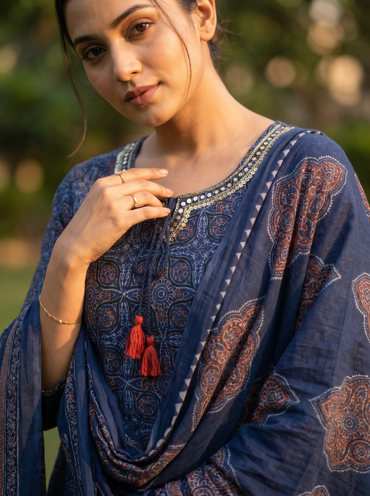 Amthi Women's Blue Ajrakh Printed Pure Cotton Kurta with Trousers & Dupatta Set