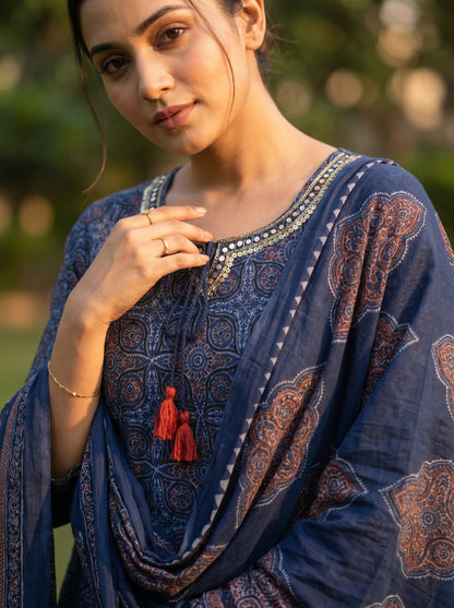 Amthi Women's Blue Ajrakh Printed Pure Cotton Kurta with Trousers & Dupatta Set
