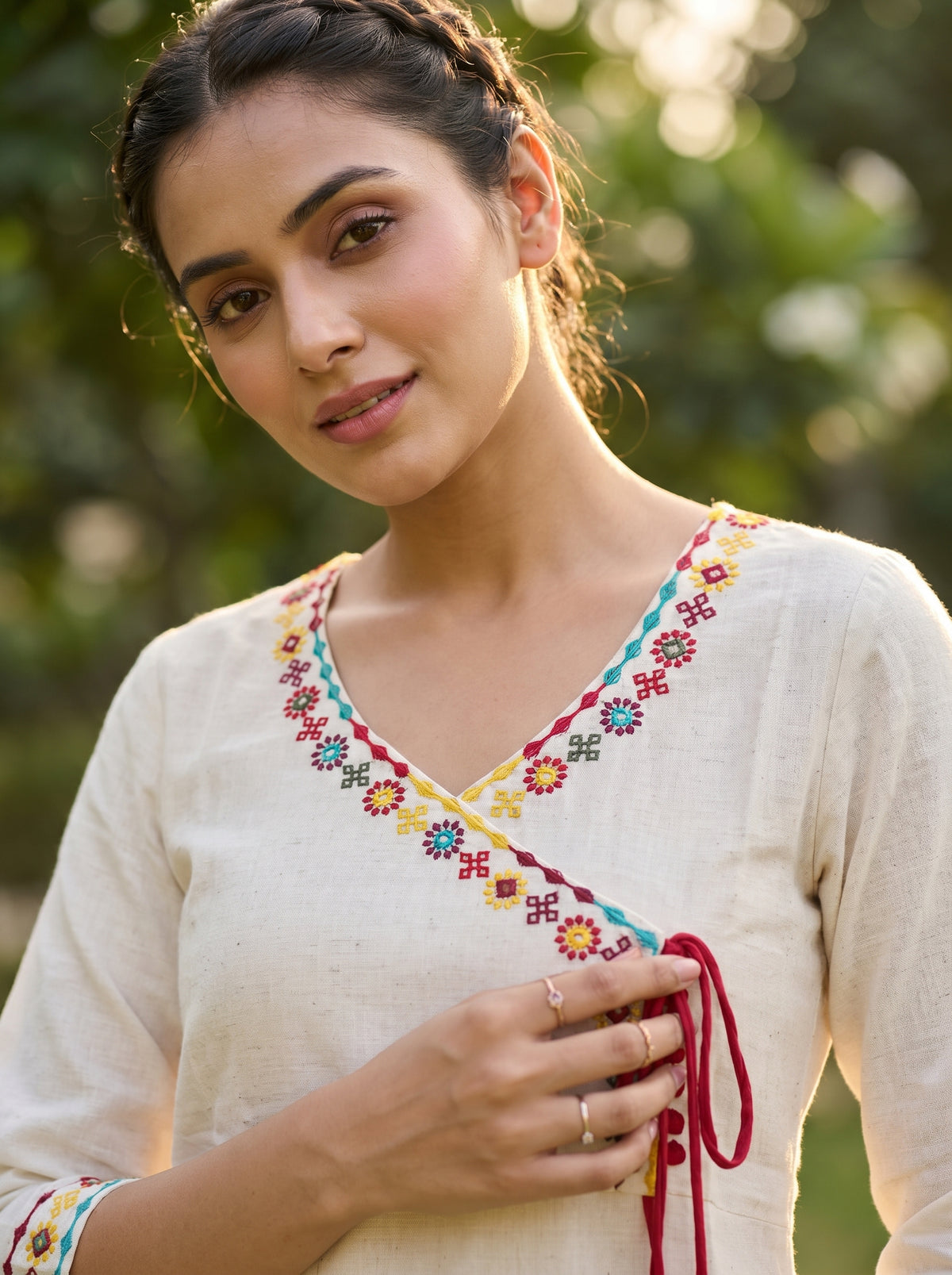 Amthi Off White Linen Kurti for Women | Angrakha Neck Kurta
