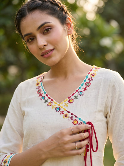 Amthi Off White Linen Kurti for Women | Angrakha Neck Kurta