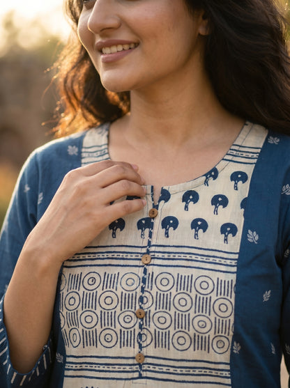 Amthi Teal Blue Straight Block Print Pure Linen Kurta for Women