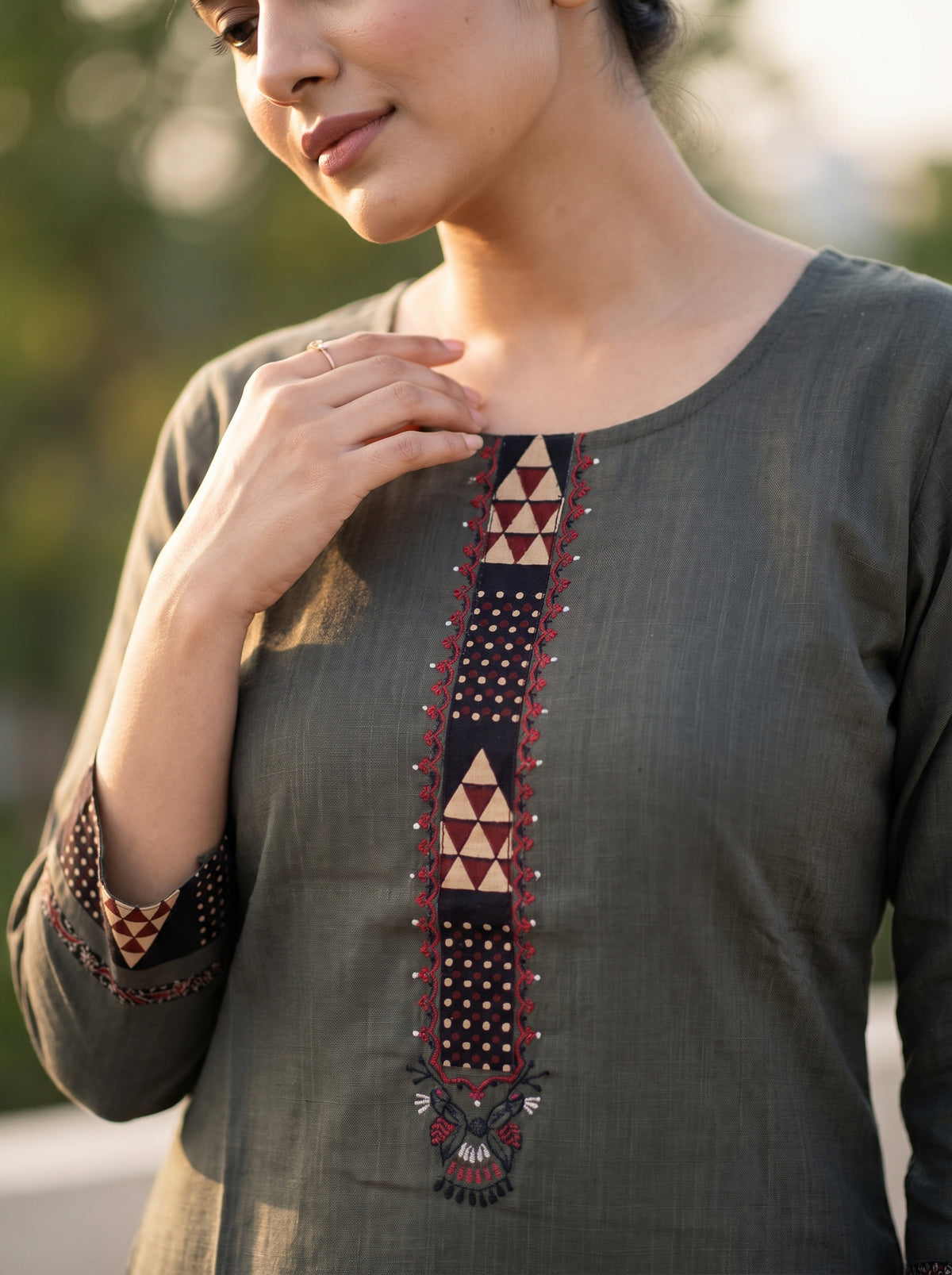 Amthi Sage Green Linen Embroidered Straight Kurta for Women | Daily Wear Kurti