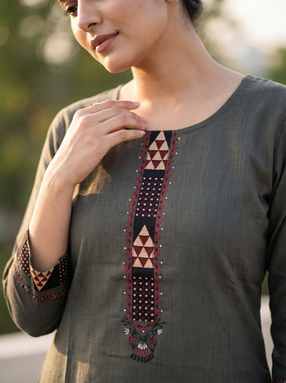 Amthi Sage Green Linen Embroidered Straight Kurta for Women | Daily Wear Kurti