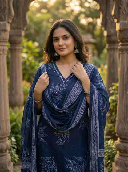 Amthi Women's Navy Blue & White Printed Pure Cotton Kurta with Trousers & Dupatta Set