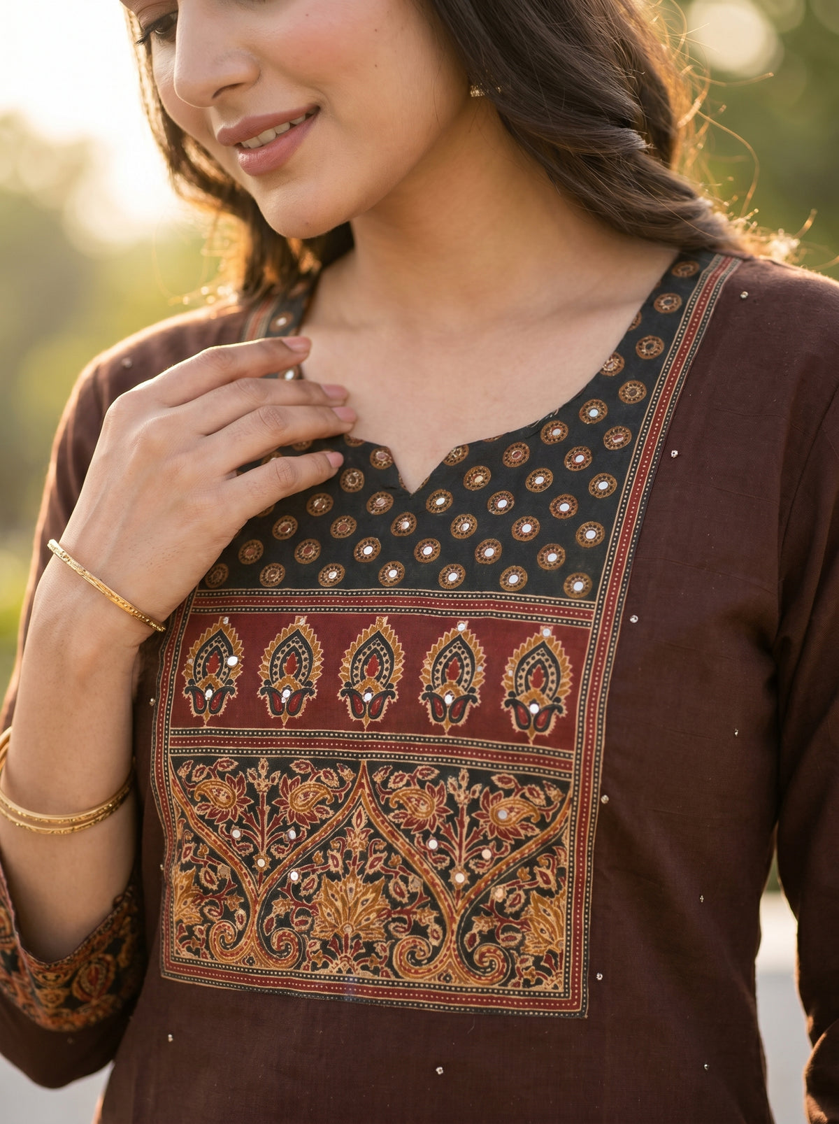 Amthi Brown Pure Linen Kurta Set | Ajrakh Block Print & Sequin Yoke