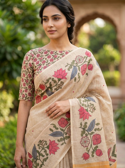 Amthi Beige Linen Saree with Digital Floral Print, Mirror Work & Tassel Pallu