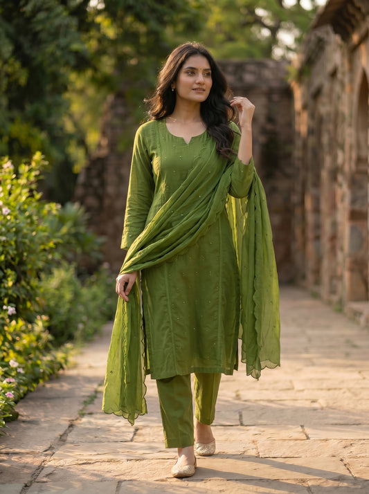 Amthi Mehndi Green Pure Cotton Suit Set | Floral Butta Kurta with Lace Work