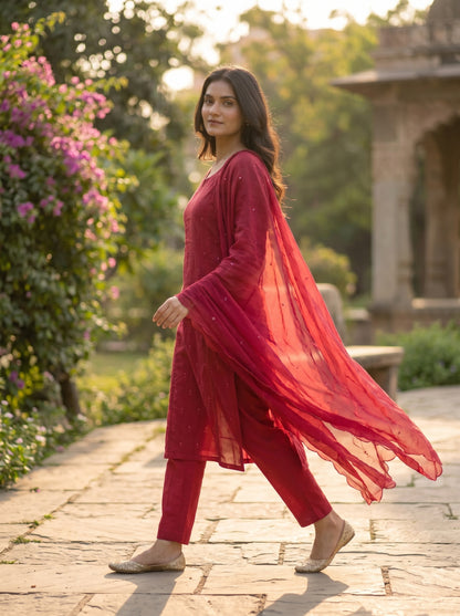 Amthi Rani Pink Pure Cotton Suit Set | Floral Butta Kurta with Lace Work | 3-Piece Set