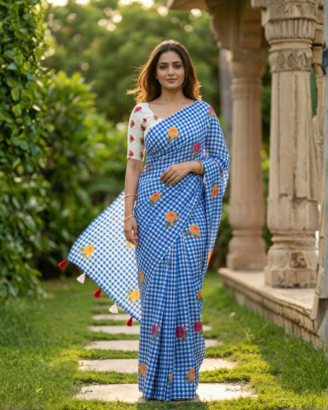 Amthi Blue Digital Print Linen Cotton Saree with Contrast Blouse Piece