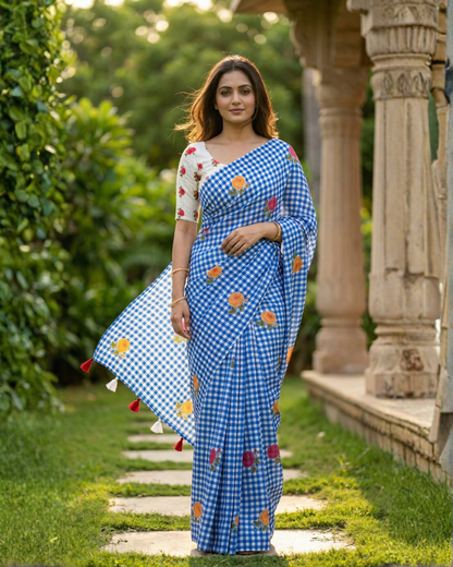 Amthi Blue Digital Print Linen Cotton Saree with Contrast Blouse Piece