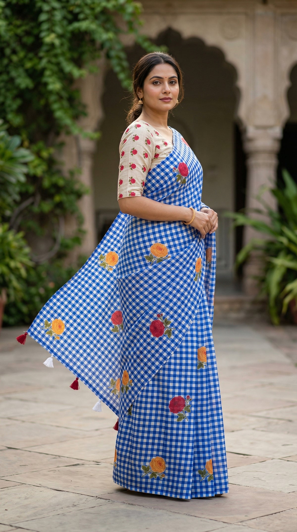 Amthi Blue Digital Print Linen Cotton Saree with Contrast Blouse Piece