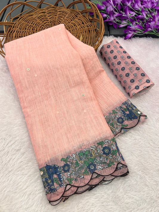 Amthi Linen Beige Peacock Floral Mirror Work Scallop Cutwork Border Saree