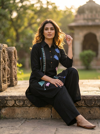 Amthi Black Pure Linen Kurta Pant Co-Ord Set Tulip Embroidery for Women