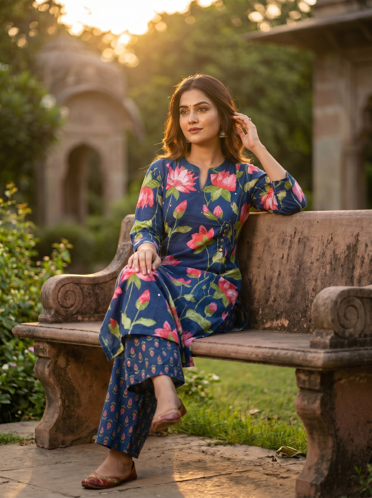 Amthi Navy Blue Lotus Floral Cotton Kurta Set for Women | Lace & Sequin Detail