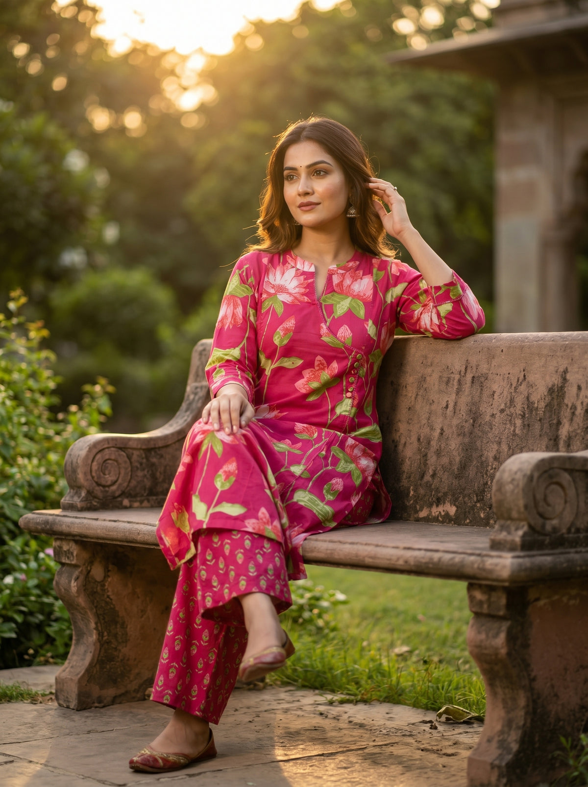 Amthi Pink Lotus Floral Print Pure Cotton Kurta Set | 2-Piece Women's Ethnic Wear