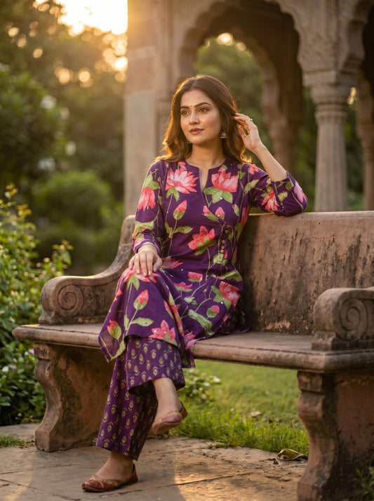 Amthi Wine Floral Print Pure Cotton Kurta Set | 2-Piece Women's Ethnic Wear