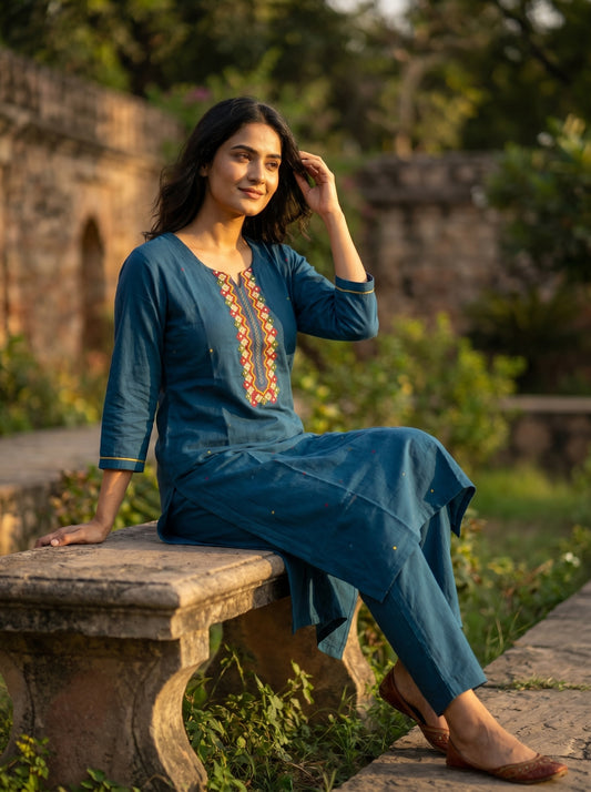 Amthi Teal Blue Pure Linen Embroidered Kurta Set for Women | Festive & Casual Wear