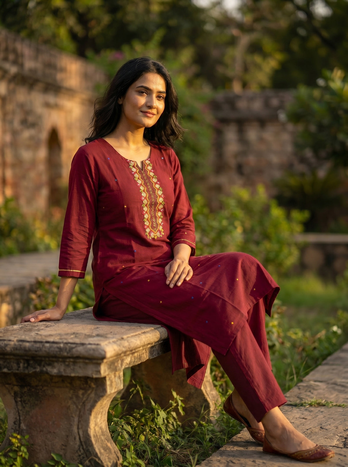 Amthi Maroon Pure Linen Embroidered Kurta Set | Mirror Work & Floral Thread Yoke
