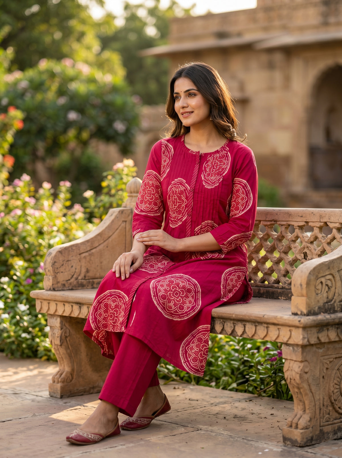 Amthi Women's Rani Pink Cotton Bandhani Print Kurta Pant Set