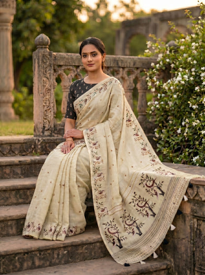 Amthi Cream Pure Linen Saree with Bird & Mirror Work Floral Vine Block Print