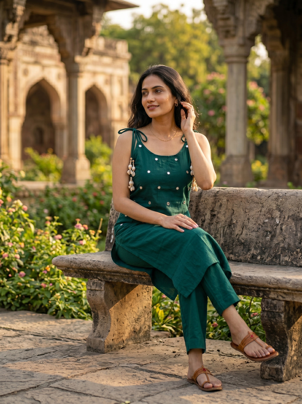 Amthi Bottle Green Linen Co-Ord Set for Women | Cowrie Shell Tassel Dori Kurta Set