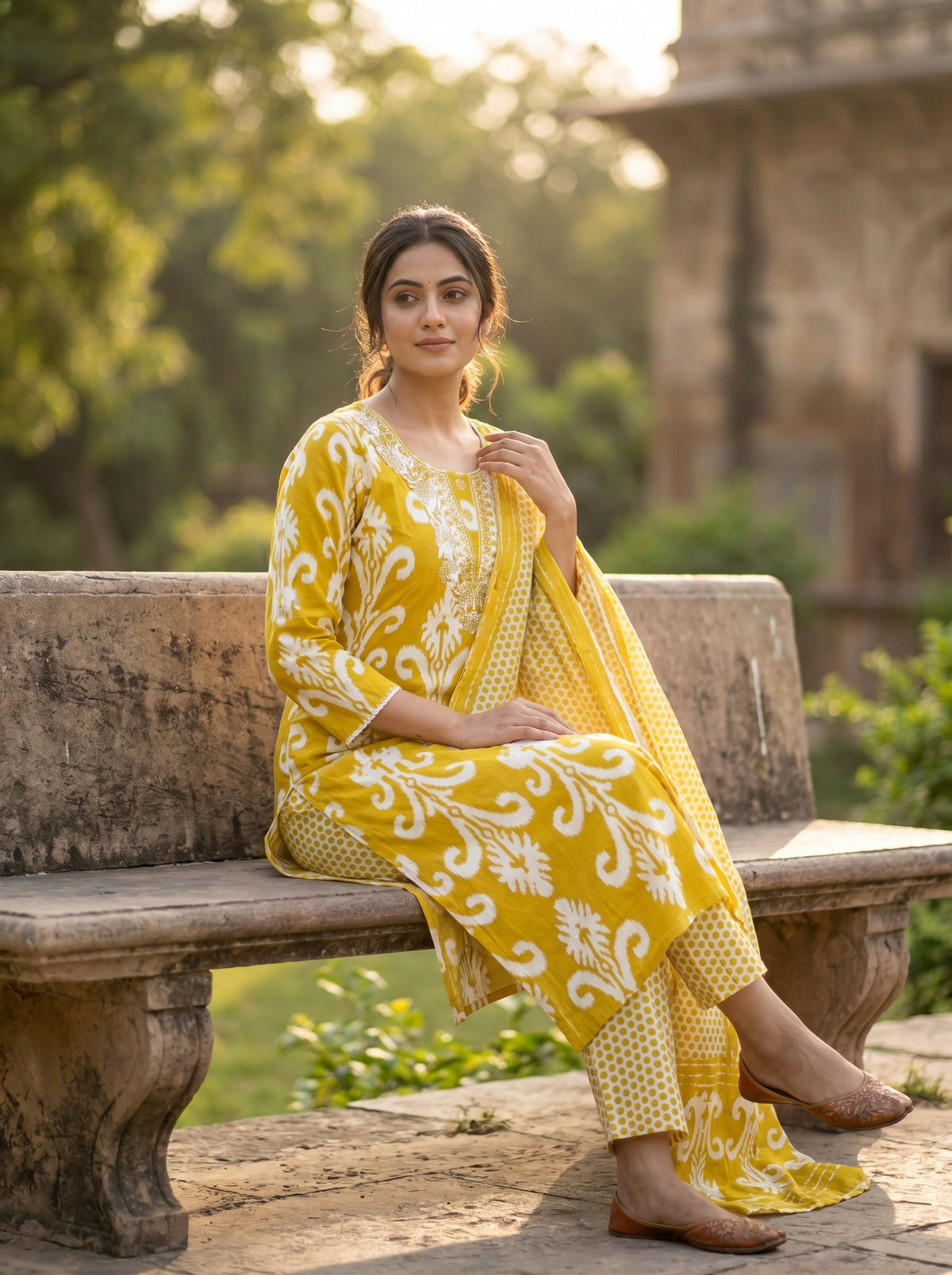 Amthi Yellow Ikat Print Cotton Suit Set for Women | 3 Piece Suit with Dupatta