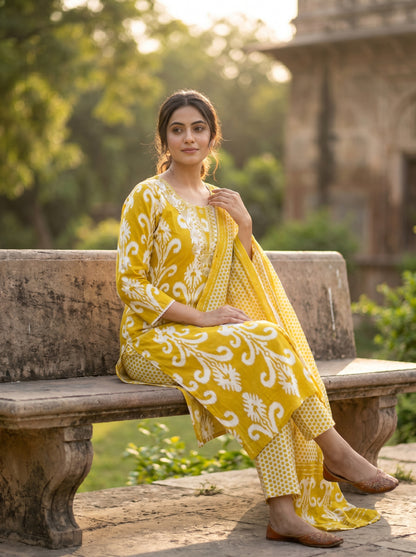 Amthi Yellow Ikat Print Cotton Suit Set for Women | 3 Piece Suit with Dupatta