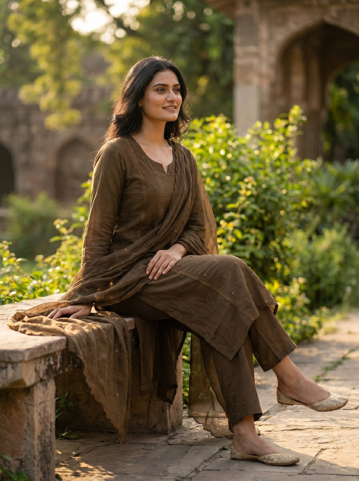 Amthi Women Brown Pure Cotton 3-Piece Set  Floral Butta Lace Work | Festive Ethnic Wear